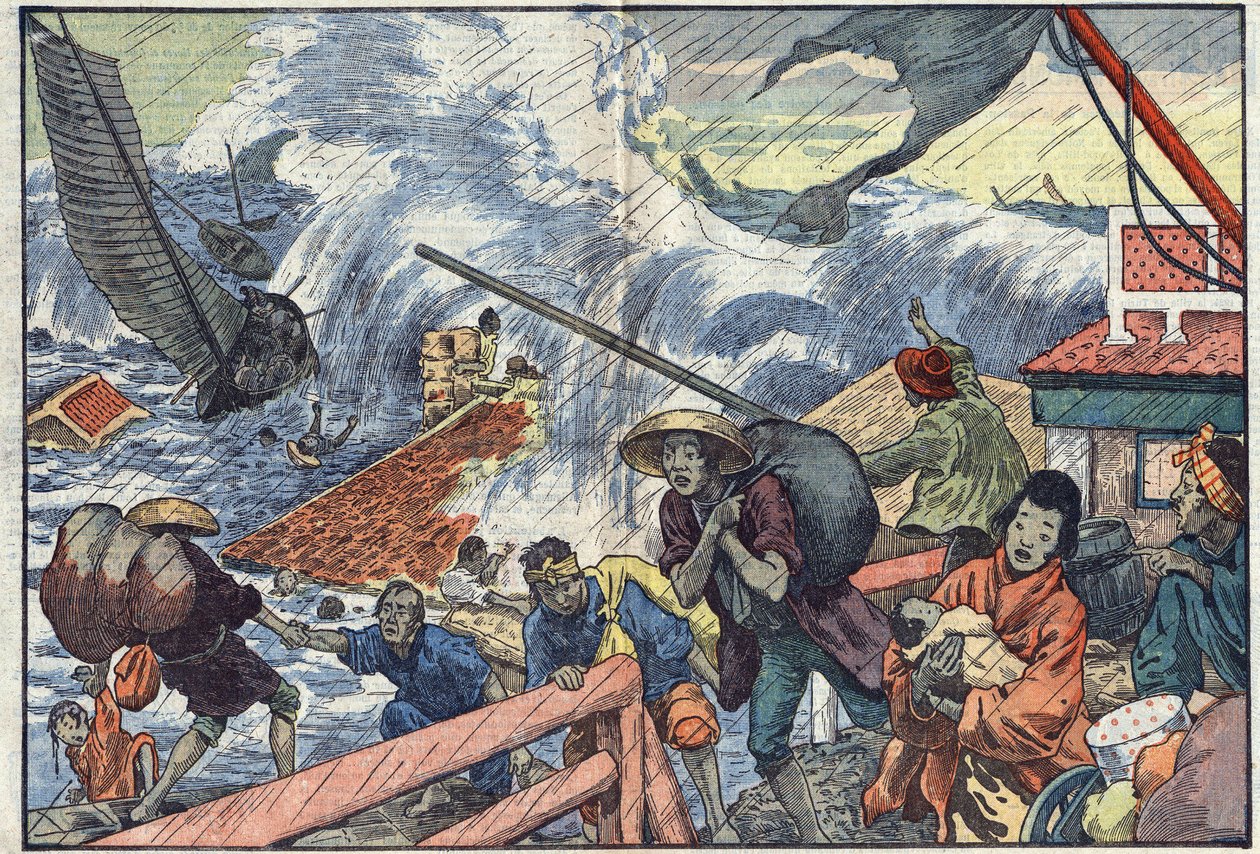 Maree raz i tajfun uderzyły w Japonię. Ilustracja Damblans. W „”Le Pelerin”” z 2 października autorstwa Eugene Damblans