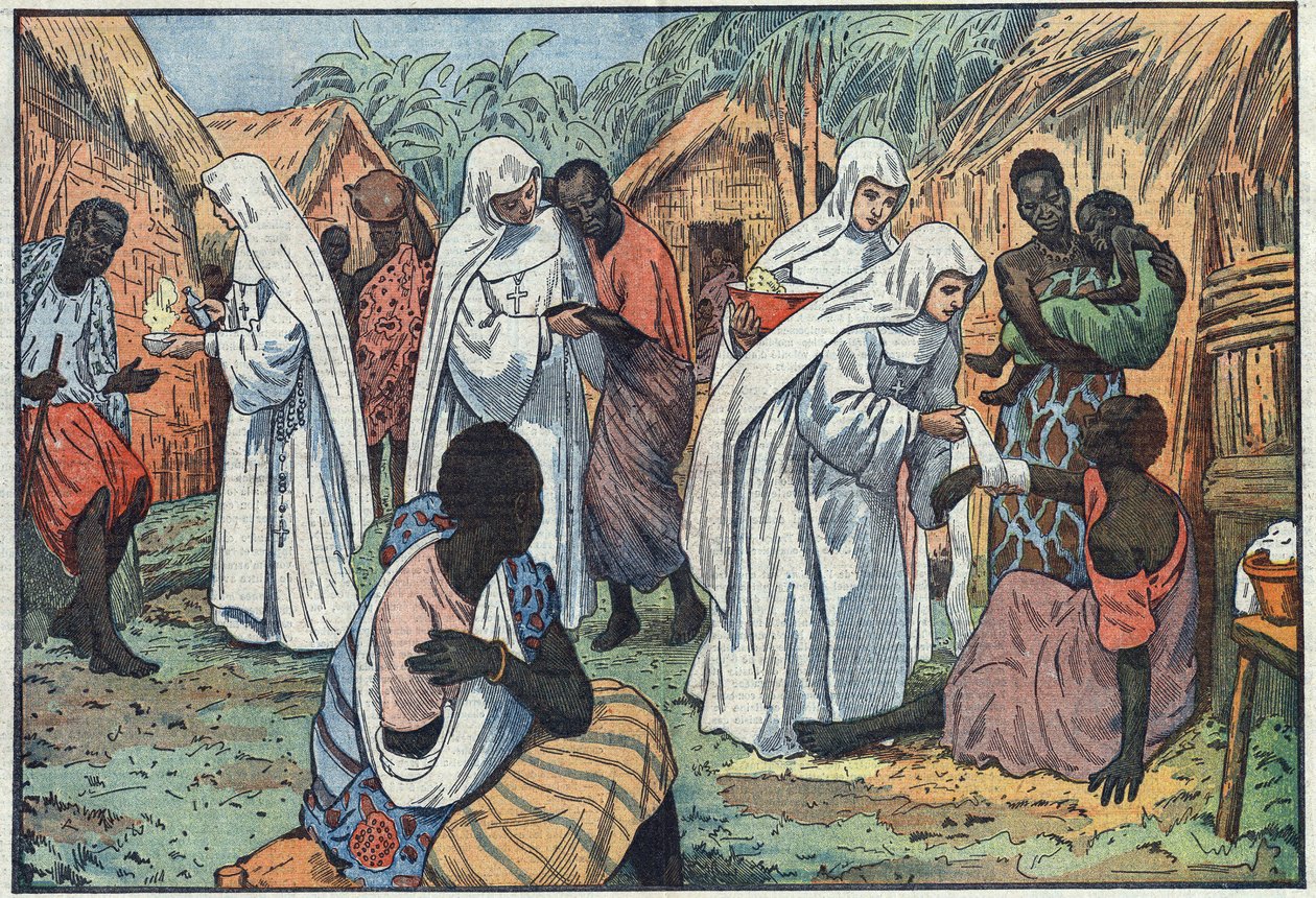 O inauguracji w Pałacu Laterańskim w Rzymie Muzeów Sióstr Białych w wiosce w Afryce Równikowej, gdzie prowadzą katechizm i opiekę nad chorymi. Ilustracja Damblans. W „Le Pelerin” z 29 stycznia autorstwa Eugene Damblans