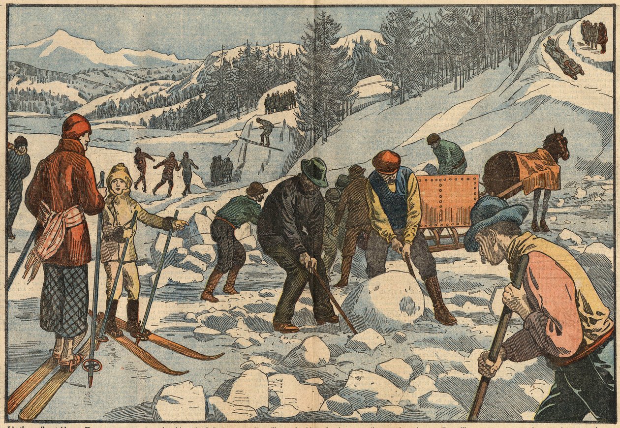 Mieszkańcy Alp zbierają bryły lodu zimą na lato. W tle mężczyźni uprawiają sporty zimowe. Ilustracja Damblans. W „Le Pelerin” z 18 grudnia autorstwa Eugene Damblans