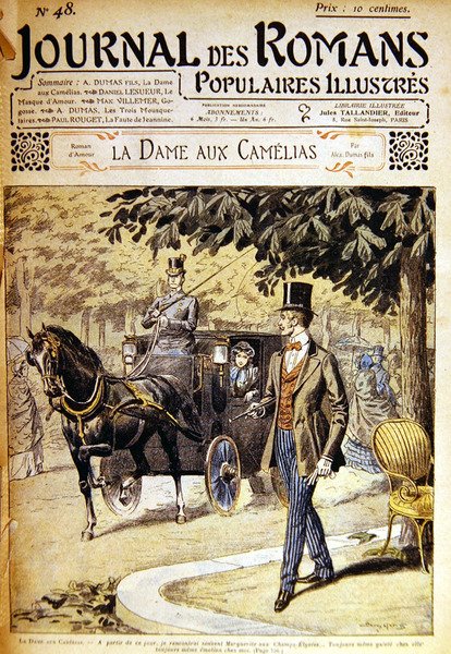 Armand spotyka Marguerite na Polach Elizejskich, ilustracja do „La Dame aux Camelias” A. Dumasa w „Journal des Romans” autorstwa Eugene Damblans