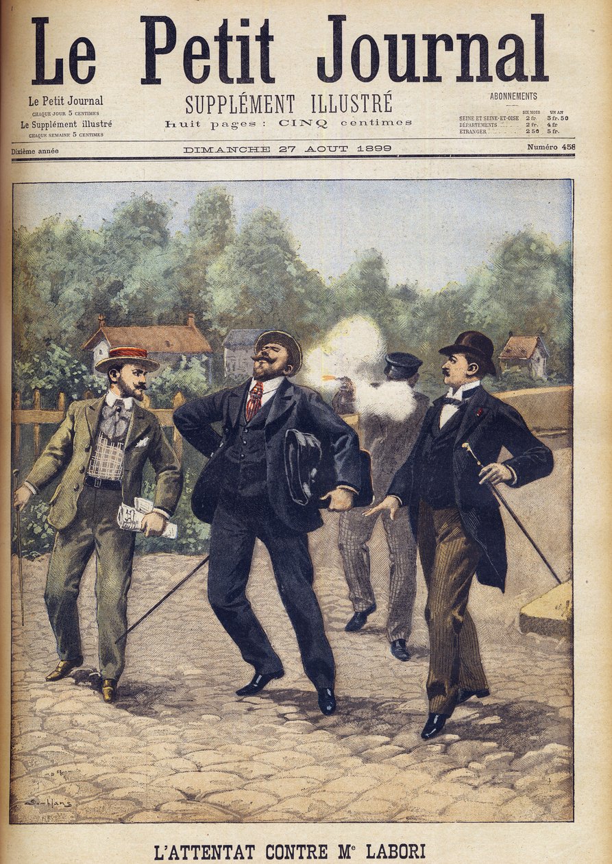 Próba zabójstwa Fernanda Laboriego, jednego z prawników broniących Alfreda Dreyfusa podczas jego drugiego sądu wojennego w Rennes „Le Petit Journal”, sierpień 1899 r. autorstwa Eugene Damblans