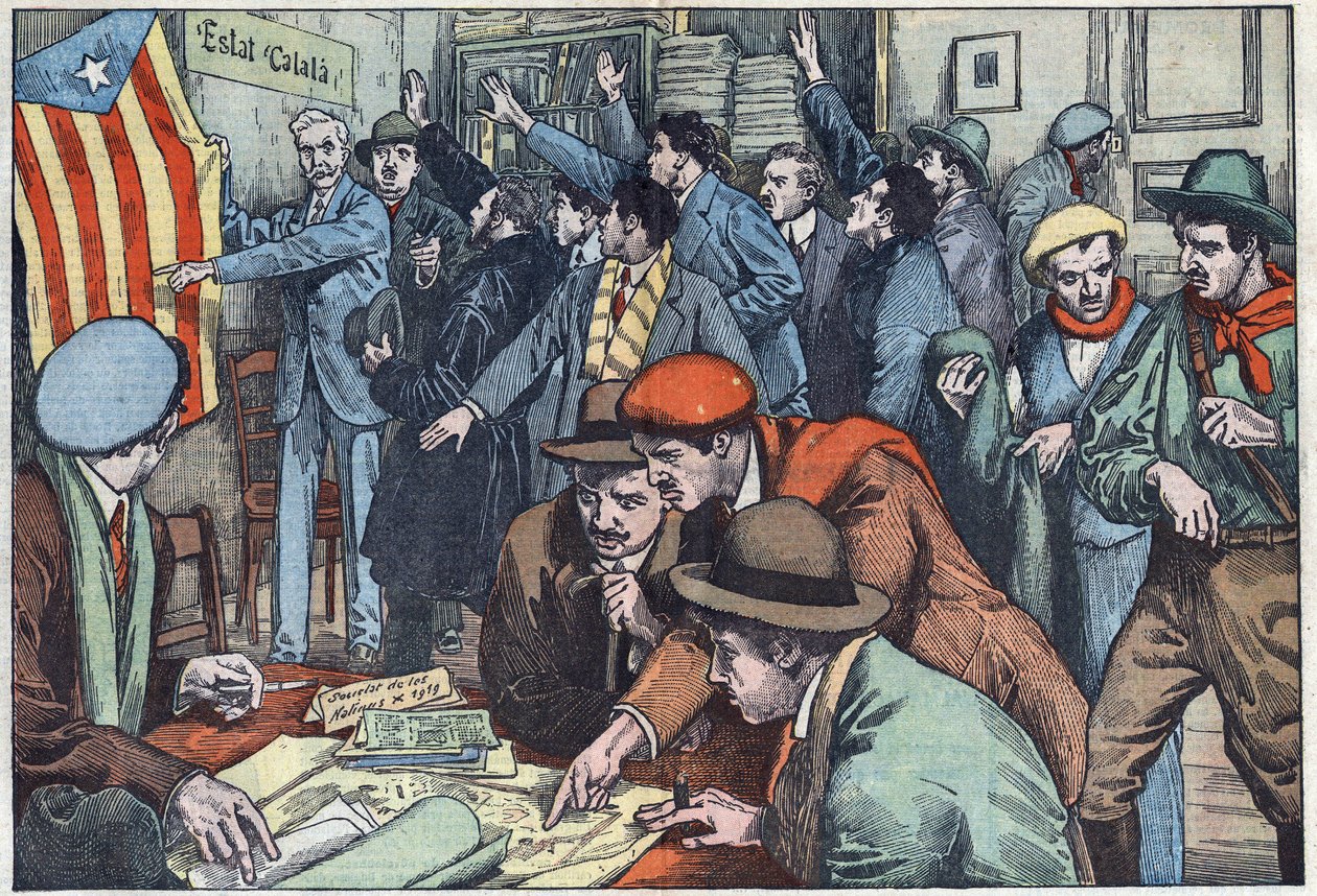 Katalońscy separatyści przygotowują swój spisek w Paryżu. Ilustracja Damblans. W „Le Pelerin” z 28 listopada autorstwa Eugene Damblans