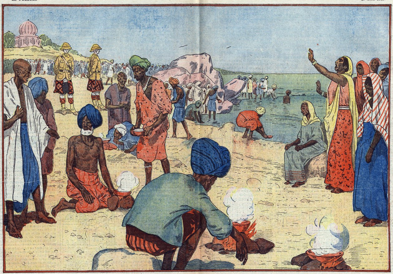 Tydzień Nieposłuszeństwa Obywatelskiego w Indiach przeciwko Imperium Brytyjskiemu: Na plaży Bombay Gandhi (1869-1948) i jego zwolennicy gotują wodę morską, aby uzyskać sól, z pogwałceniem prawa Gabelle. Kobiety zachęcają ich, powtarzając ten refren: „Przeł autorstwa Eugene Damblans