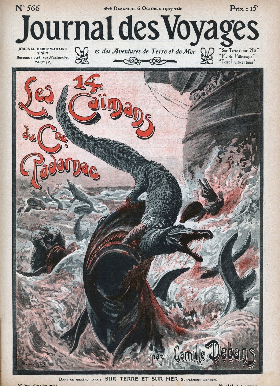 Krokodyle pożerają rekiny. Ilustracja Damblansa „Czternaście kajmanów kapitana Padarnaca” autorstwa Camille Debansa (1834-1910). Gazeta. Grawer w „Journal des Voyages” z 1907 roku. autorstwa Eugene Damblans