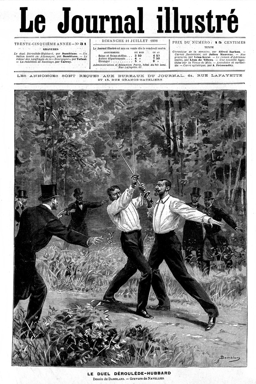 Rycina Damblans na „jedynce” Journal Illustrous nr 31 z 31 lipca 1898: pojedynek na miecz między Paulem Deroulede (1846-1914) i Gustavem Hubbardem (1858-1927) - interweniowali świadkowie - autorstwa Eugene Damblans