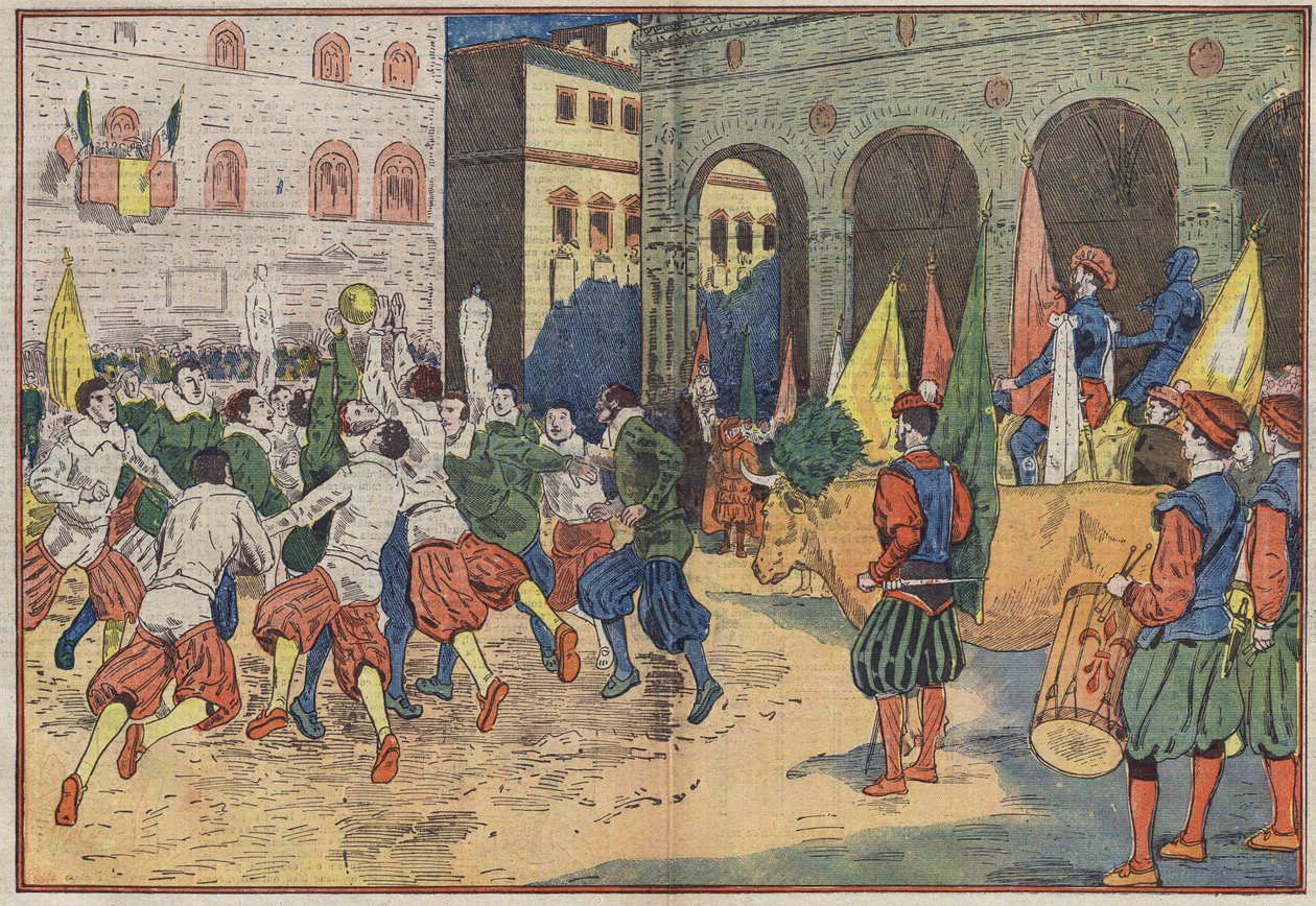 Florencja, Włochy: na Place de la Seigneurie, część „calcio”, piłki nożnej z XV wieku, została odtworzona w kostiumie z epoki. Zwycięskiej drużynie zaoferowano wołowinę. Ilustracja Damblans. W „”Le Pelerin”” z 8 czerwca autorstwa Eugene Damblans