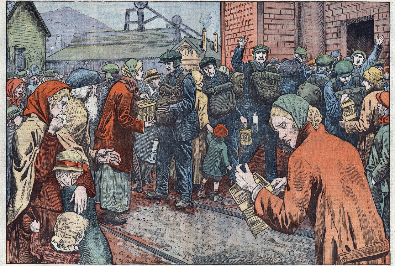 Po wybuchu w kopalni Cwn (Walia) kobiety górników przywiozły swoje kanarki na ratunek przeciwpożarowy. Ilustracja Damblans. W „Le Pelerin” z 20 marca autorstwa Eugene Damblans