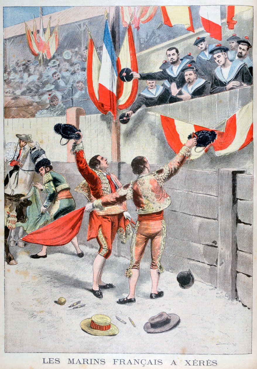 Francuscy marynarze oglądający walkę byków, Xeres, Hiszpania, 1899 autorstwa Eugene Damblans