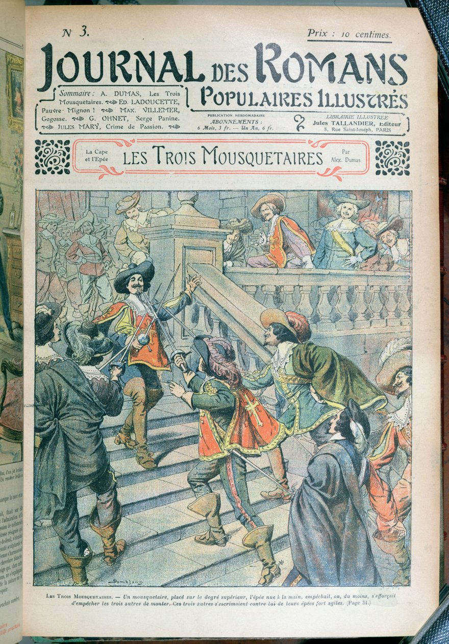 Przednia okładka serializacji Trzech muszkieterów Alexandre Dumas pere (1803-70) z Journal des Romans Populaires Illustres, 1905 autorstwa Eugene Damblans