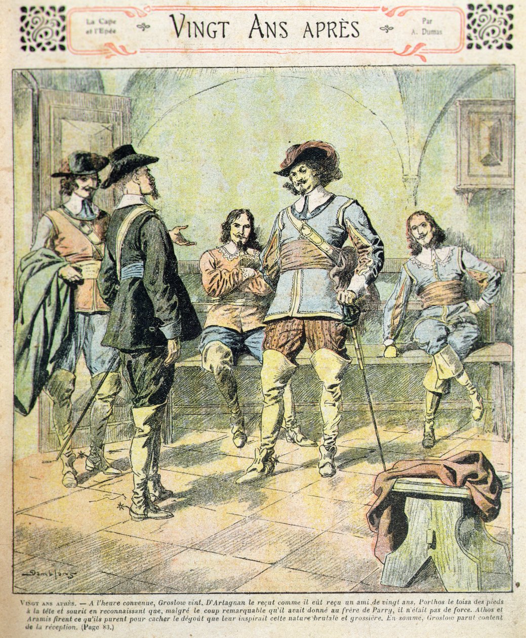 Przednia okładka serializacji „Vingt Ans Apres” Alexandre Dumas pere (1803-70) z „Journal des Romans Populaires Illustres”, ok. 1900 (kolor lito) autorstwa Eugene Damblans