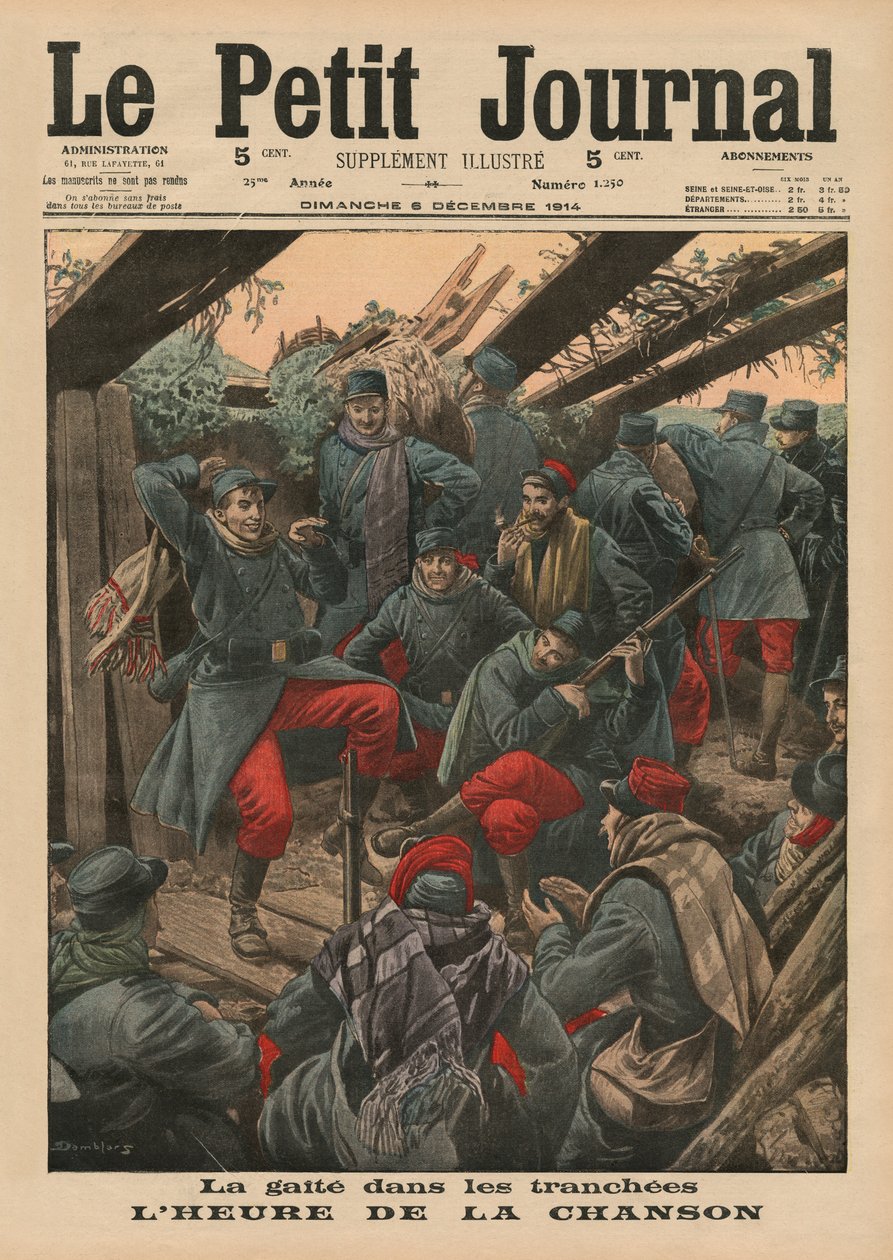 Wesoła impreza w okopach, Song Time, ilustracja na okładce z „Le Petit Journal”, dodatek ilustr., 6 grudnia 1914 autorstwa Eugene Damblans