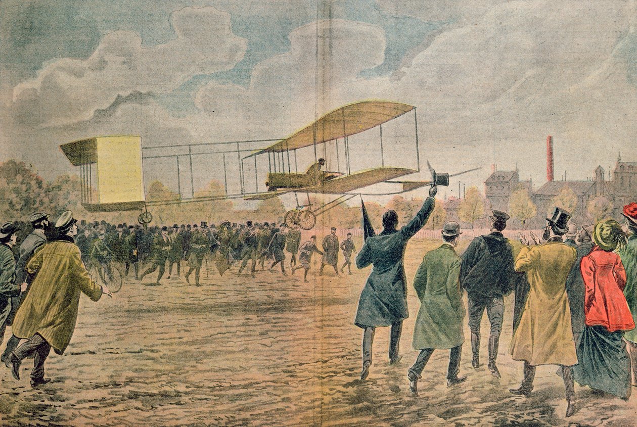 Henri Farman (1874-1958) w Issy-les-Moulineaux w swoim samolocie Voisin-Farman 1, ilustracja z "Le Pelerin" z listopada 1907 r. autorstwa Eugene Damblans