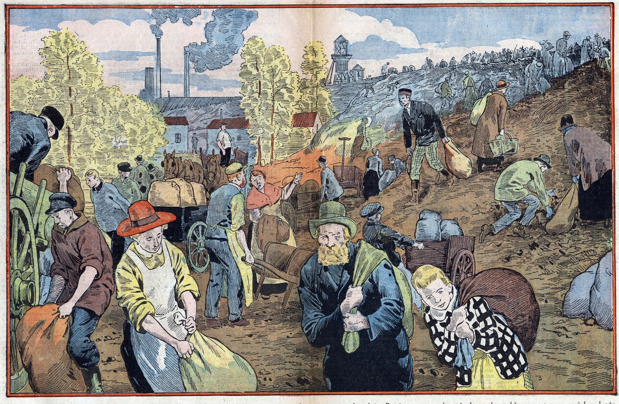 Łowcy szukają kawałków węgla wśród kamieni wydobywanych z kopalń, aby ogrzać się zimą. Region Rhur, Niemcy. Ilustracja Damblans. W „”Le Pelerin”” z 4 października autorstwa Eugene Damblans