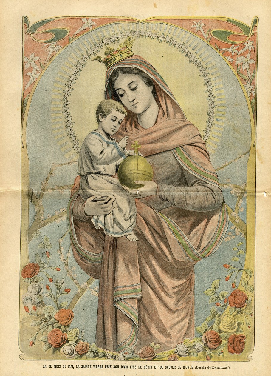 Ilustracja Eugeniusza Damblana (1865-1945) w Le Pelerin, 01.05.04 - W maju, Najświętsza Maryja Panna modli się do swojego boskiego syna, aby błogosławił i ratował świat - Religia Wiara, Kwiaty, Katolicyzm - Jezus, Maryja autorstwa Eugene Damblans