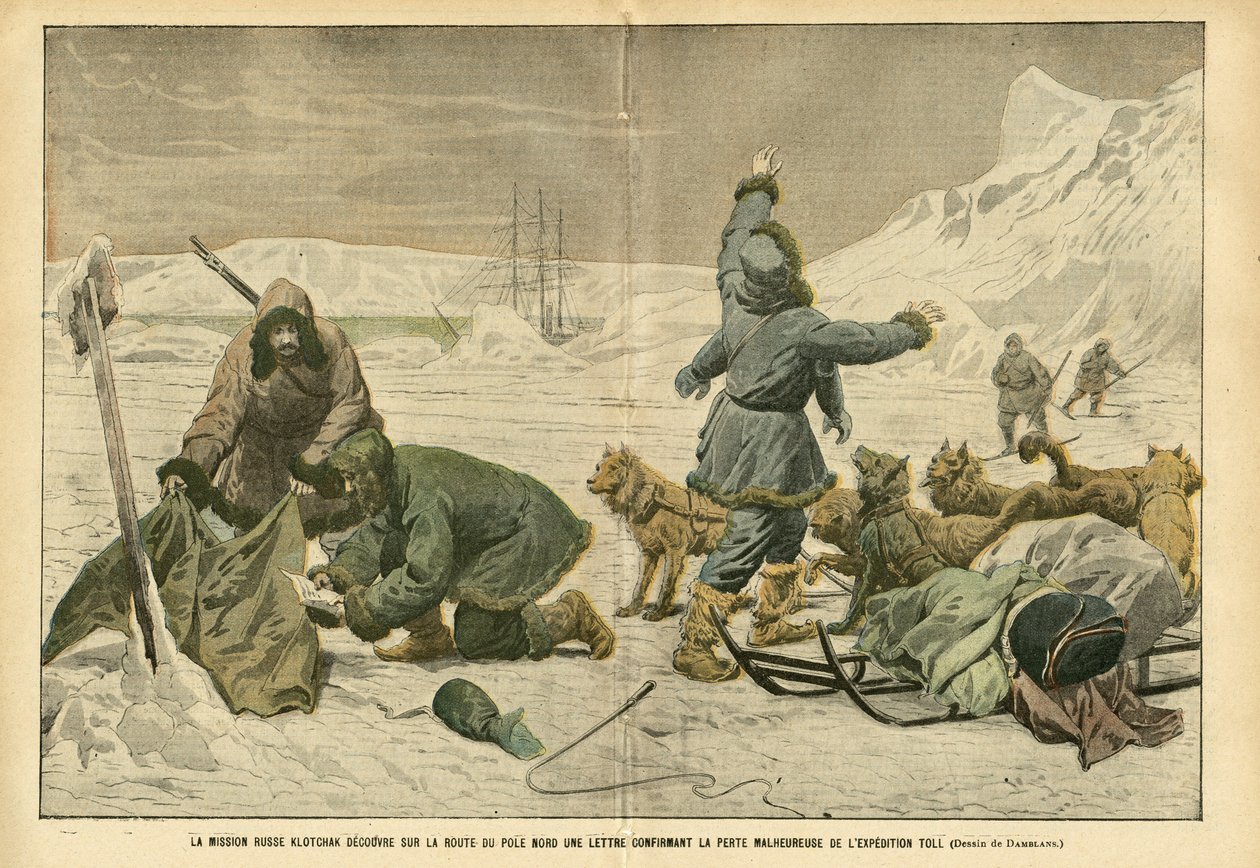 Ilustracja Eugeniusza Damblana (1865-1945) w Le Pelerin, 02.04.05 - Rosyjska misja Kłoczak odkrywa na drodze z bieguna północnego list potwierdzający niefortunną stratę wyprawy Toll - Bieguny Północny i Południowy, Wyprawy Polarne, Lód, Tor saneczkowy autorstwa Eugene Damblans