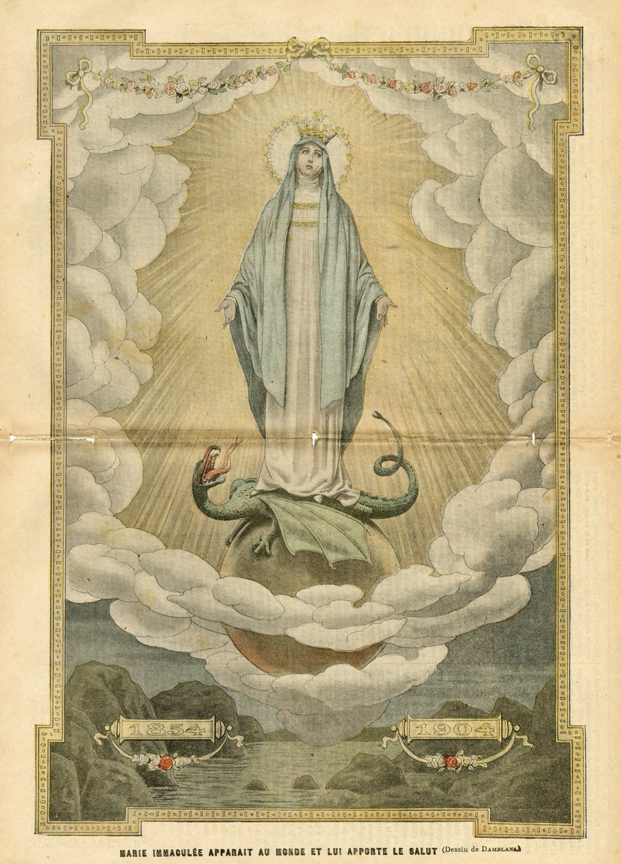 Ilustracja Eugene Damblans (1865-1945) w Le Pelerin, 04.12.04 - Niepokalana Maryja ukazuje się światu i przynosi mu zbawienie - Religia Wiara, Katolicki Katolicyzm - Niepokalane Poczęcie - Maryja, Smok - Chmury - Ziemia autorstwa Eugene Damblans