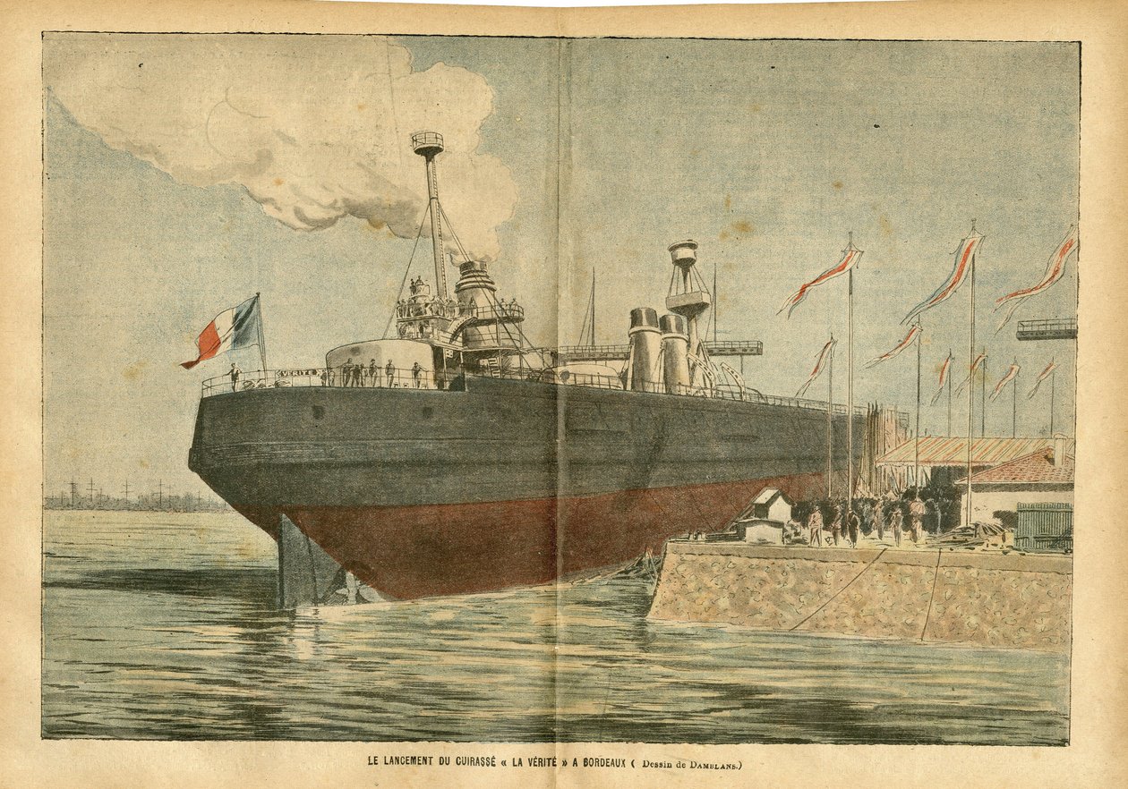 Ilustracja Eugene Damblansa (1865-1945) w Le Pelerin, 09.06.07 – Wprowadzenie napierśnika „La Verite” w Bordeaux – Maritime Marine Nautique Balneaire, Port, Bordeaux, Inauguracja, Cuirasse autorstwa Eugene Damblans