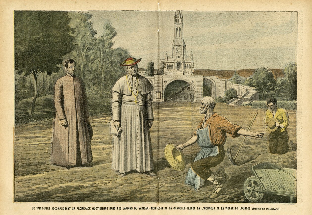 Ilustracja Eugeniusza Damblansa (1865-1945) w Le Pelerin, 20.08.05 - Ojciec Święty w codziennym spacerze po ogrodach Watykanu, niedaleko kaplicy wzniesionej ku czci Dziewicy z Lourdes - Religia Wiara, Rolnictwo, Watykan, Katolicki autorstwa Eugene Damblans
