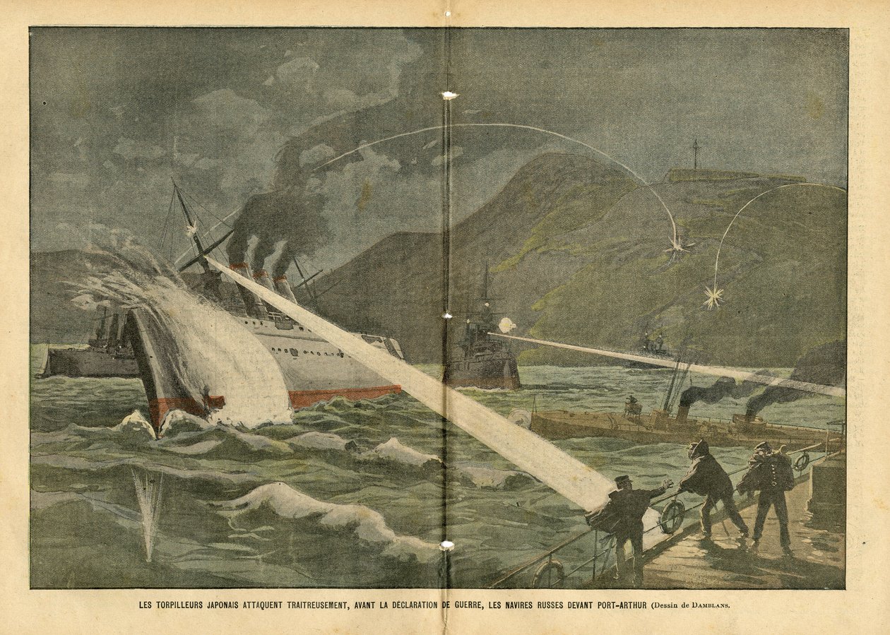 Ilustracja Eugene Damblans (1865-1945) w Le Pelerin, 21/02/04 - Japoński atak torpedowy na rosyjskie statki przed wypowiedzeniem wojny przed wypowiedzeniem wojny - Rosja, Japonia, Morze morskie, Port Artur, wojna rosyjsko-japońska, okręty wojenne autorstwa Eugene Damblans