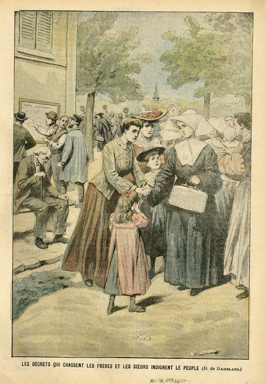 Ilustracja Eugeniusza Damblana (1865-1945) w Le Pelerin, 24.07.04 - Dekrety, które wypędzają braci i siostry, oburzają lud - Nauczanie, Religia Wiara, Tłum, Katolicki Katolicyzm - Oddzielenie Kościoła od Państwa, Wysiedlenie Zakonników, Uczyć w autorstwa Eugene Damblans