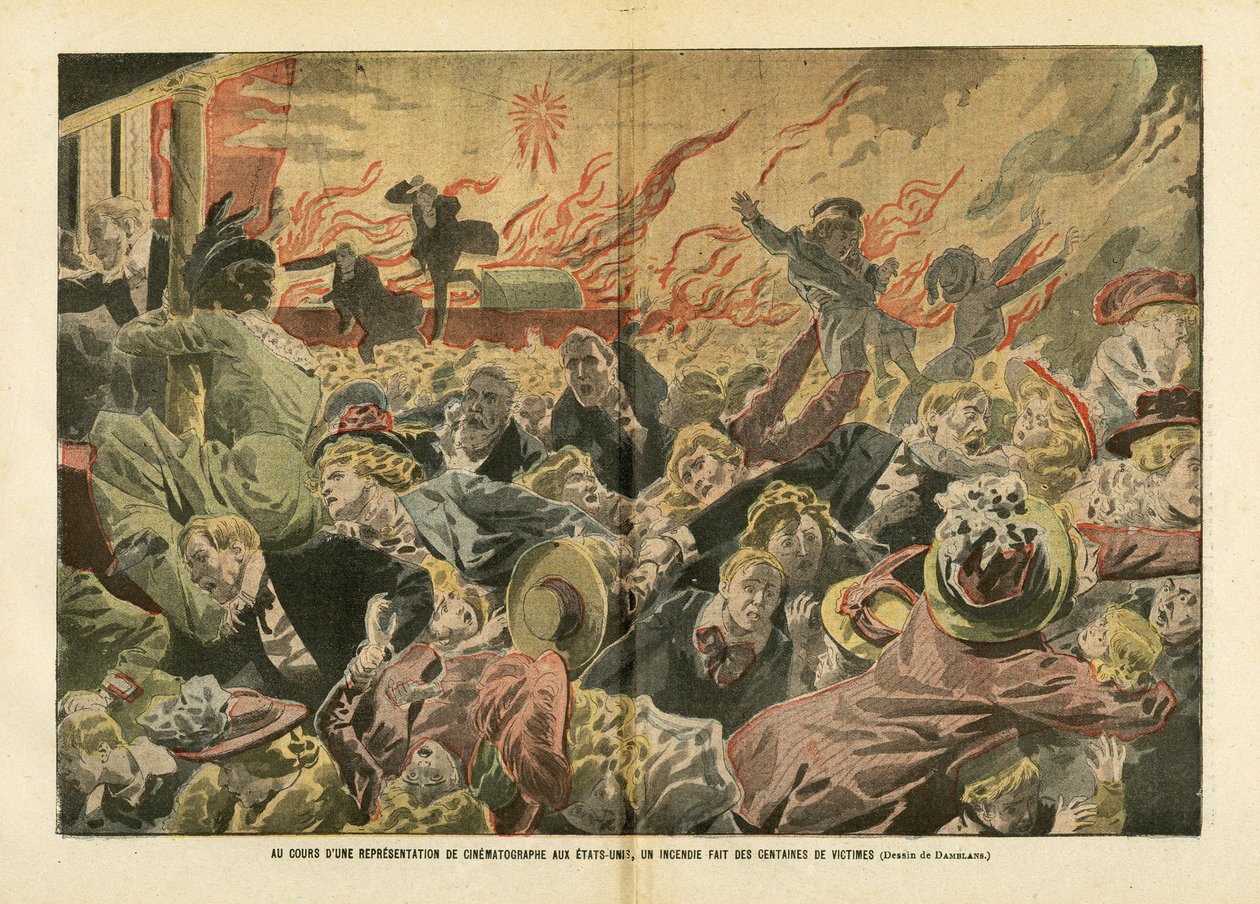 Ilustracja Eugene Damblansa (1865-1945) w Le Pelerin, 26/01/08 - Podczas występu filmowców w Stanach Zjednoczonych w pożarze zginęły setki ofiar - Ameryka USA USA, Różne fakty, Kino, Tłum, Pożar autorstwa Eugene Damblans