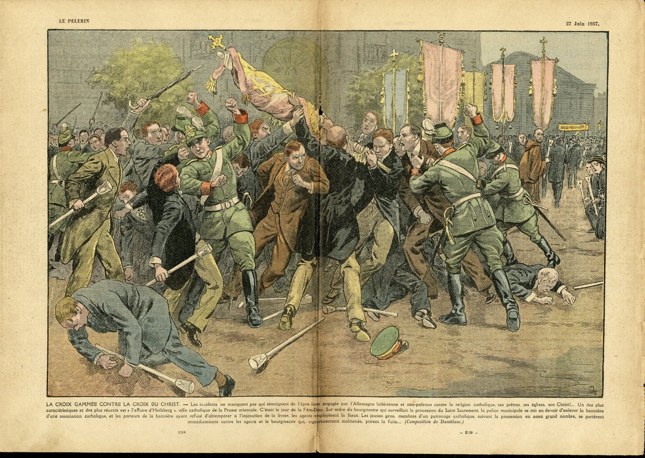 Ilustracja Eugene Damblans (1865-1945) w Le Pelerin, 27/06/37 - Krzyż gammee przeciwko krzyżowi Chrystusa w hitlerowskich Niemczech - Niemcy Prusy, Wiara religii, Tłum, Walka, Wyprostowanie, Krzyż Gammee, Krzyż Chrześcijański, Katolicki Katolicyzm - Sprzed autorstwa Eugene Damblans