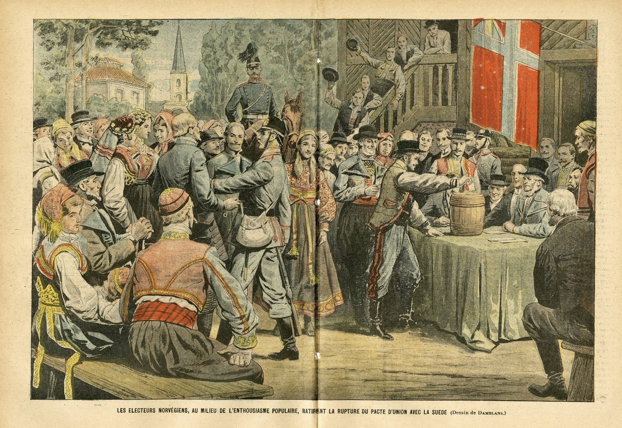 Ilustracja Eugene Damblansa (1865-1945) w Le Pelerin, 27.08.05 – Norweskie wybory, wśród powszechnego entuzjazmu, ratyfikują zerwanie paktu związkowego ze Szwecją – Wybory, Architektura Miejska, Tłum, Szwecja, Norwegia – Urna autorstwa Eugene Damblans