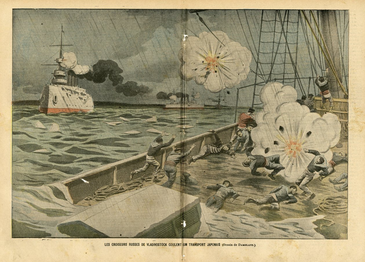 Ilustracja Eugene Damblans (1865-1945) w Le Pelerin, 28.02.04 - Rosyjskie krążowniki Władywostoku zatapiają japoński transportowiec - Armee, Morskie Wybrzeże Morskie, Wojna rosyjsko-japońska, Okręty wojenne, Władywostok - Żeglarze, marynarze autorstwa Eugene Damblans