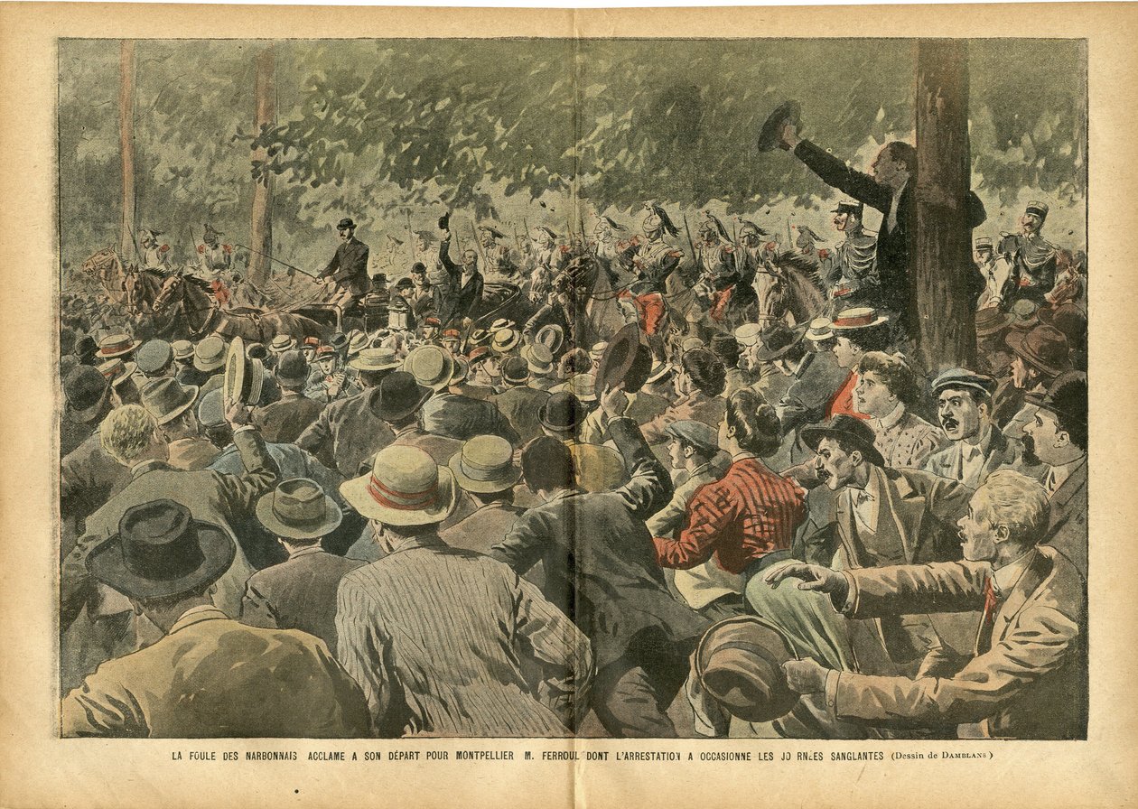 Ilustracja Eugene Damblans (1865-1945) w Le Pelerin, 30/06/07 - Tłum w Narbonnais wiwatuje na cześć Montpellier M. Ferroul, którego aresztowanie spowodowało krwawe dni - Social, Wine, Wine Crisis Winegrow Revolte, Narbonne - Ferroul Ernest (1853- 1921) autorstwa Eugene Damblans