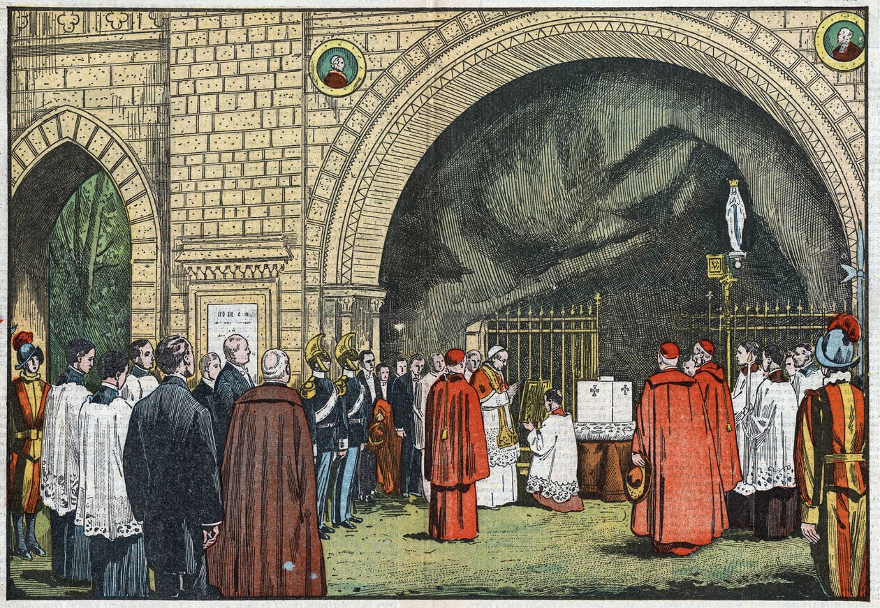 Przed „Grotto de Lourdes”, w ogrodach Watykanu, papież Pius XI pobłogosławił pierwszy kamień Kolegium Propagandy, który miał powstać w Janicule. Ilustracja Damblans. W „Le Pelerin” z 3 czerwca autorstwa Eugene Damblans