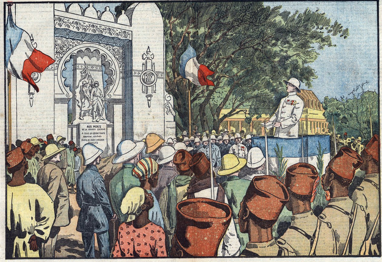 Inauguracja w Dakarze przez ministra kolonii Andre Maginota (1877-1932) pomnika trzydziestu tysięcy zmarłych we francuskiej Afryce Zachodniej. Ilustracja Damblans. W „”Le Pelerin”” z 10 marca autorstwa Eugene Damblans