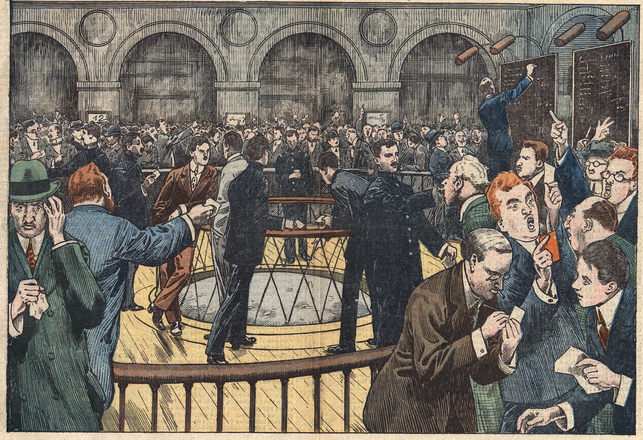 Widok wewnętrzny Giełdy Papierów Wartościowych w Paryżu. Ilustracja Damblans. W „”Le Pelerin”” z 5 grudnia autorstwa Eugene Damblans