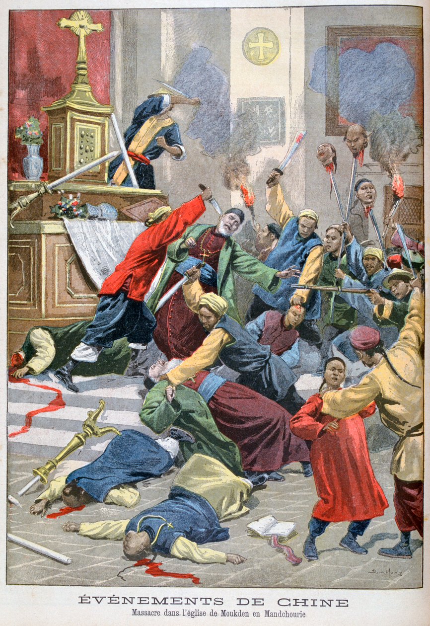 Masakra w kościele Moukden, Mandchourie, Chiny, 1900 autorstwa Eugene Damblans