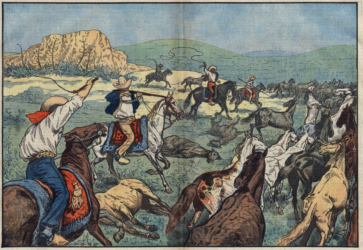 Meksykańscy rolnicy strzelają do dzikich koni, aby uniknąć kryzysu żywnościowego w ich kraju. Równiny El Paso, Meksyk. Ilustracja Damblans. W „Le Pelerin” z 6 października autorstwa Eugene Damblans