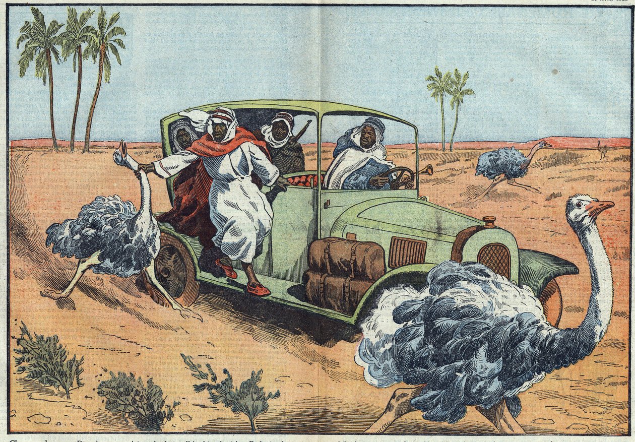 Współczesne polowania: na arabskiej pustyni bogaci Beduini kierują młodych Austriaków, by schwytali ich żywcem. Ilustracja Damblans. W „Le Pelerin” z 16 kwietnia autorstwa Eugene Damblans