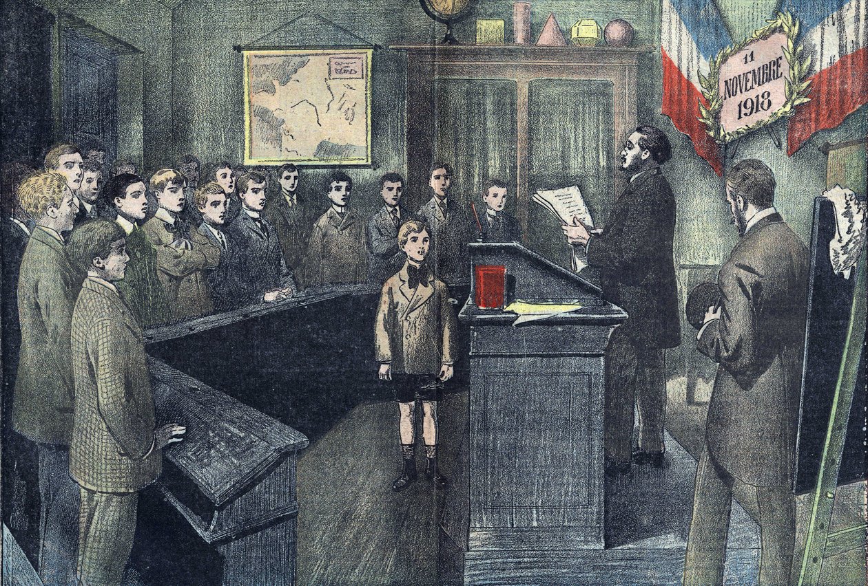 Listopad 1923: w każdej gminie Francji mistrz szkolny odczytał w przeddzień rozejmu imiona mieszkańców grobów na polu honorowym i każdy uczeń odpowiedział „Śmierć za Francję”. Rysunek Damblans z 1923 roku. autorstwa Eugene Damblans