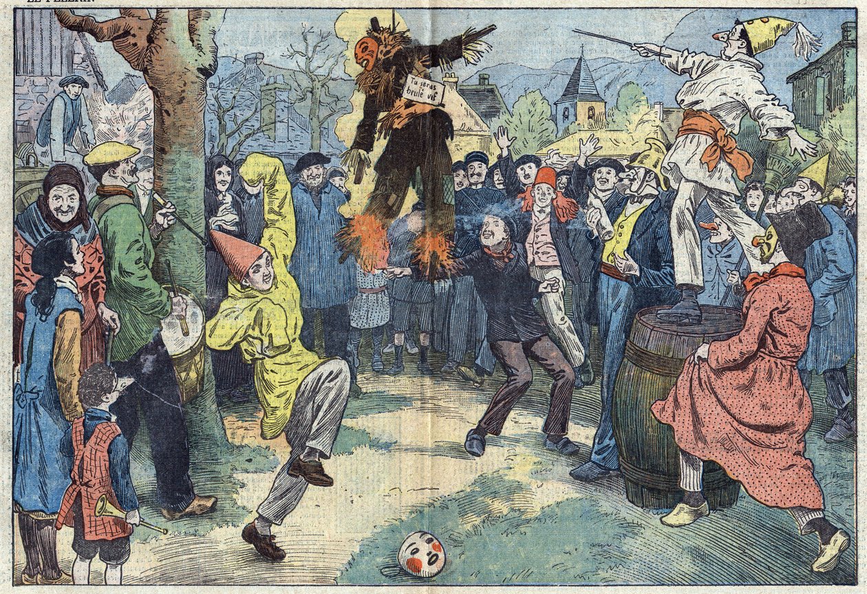 Stare zwyczaje: kremacja „Karnawału”, wieczorem Mardi Gras (Mardi-Gras), reprezentuje przyjemności i najdroższe dobro opuszczone u progu Careme. Ilustracja Damblans. W „”Le Pelerin”” z 16 marca autorstwa Eugene Damblans