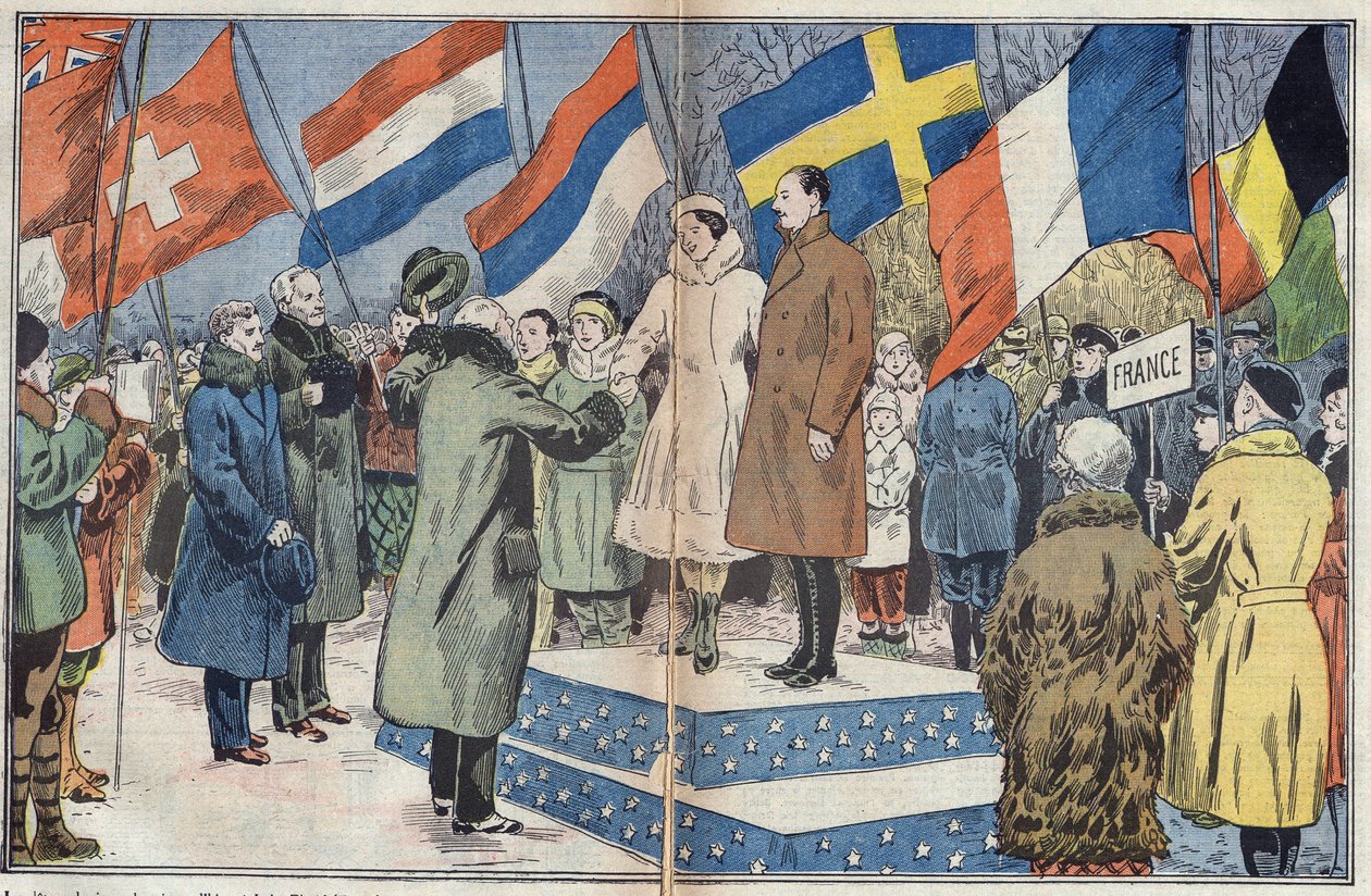 Zimowe Igrzyska Olimpijskie (1932) - ceremonia zakończenia: francuskim łyżwiarzom M. i pani Brunet Joly (Brunet-Joly), mistrzom olimpijskim, gratuluje jury. Jezioro Placid, USA. Ilustracja Damblans. W „”Le Pelerin”” z 18 marca autorstwa Eugene Damblans