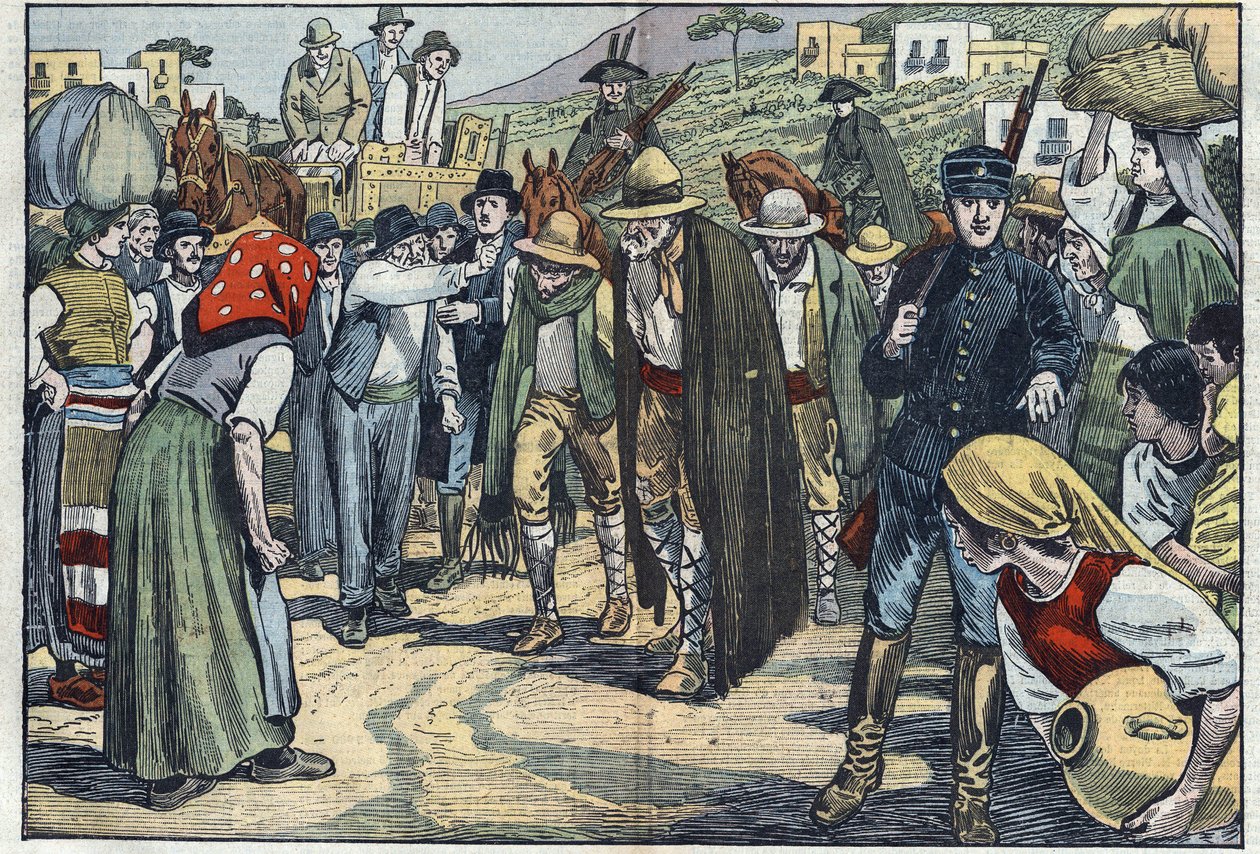 Rabusie aresztowani przez włoską faszystowską policję. Sycylia, Włochy. Ilustracja Damblans. W „Le Pelerin” z 14 lutego autorstwa Eugene Damblans
