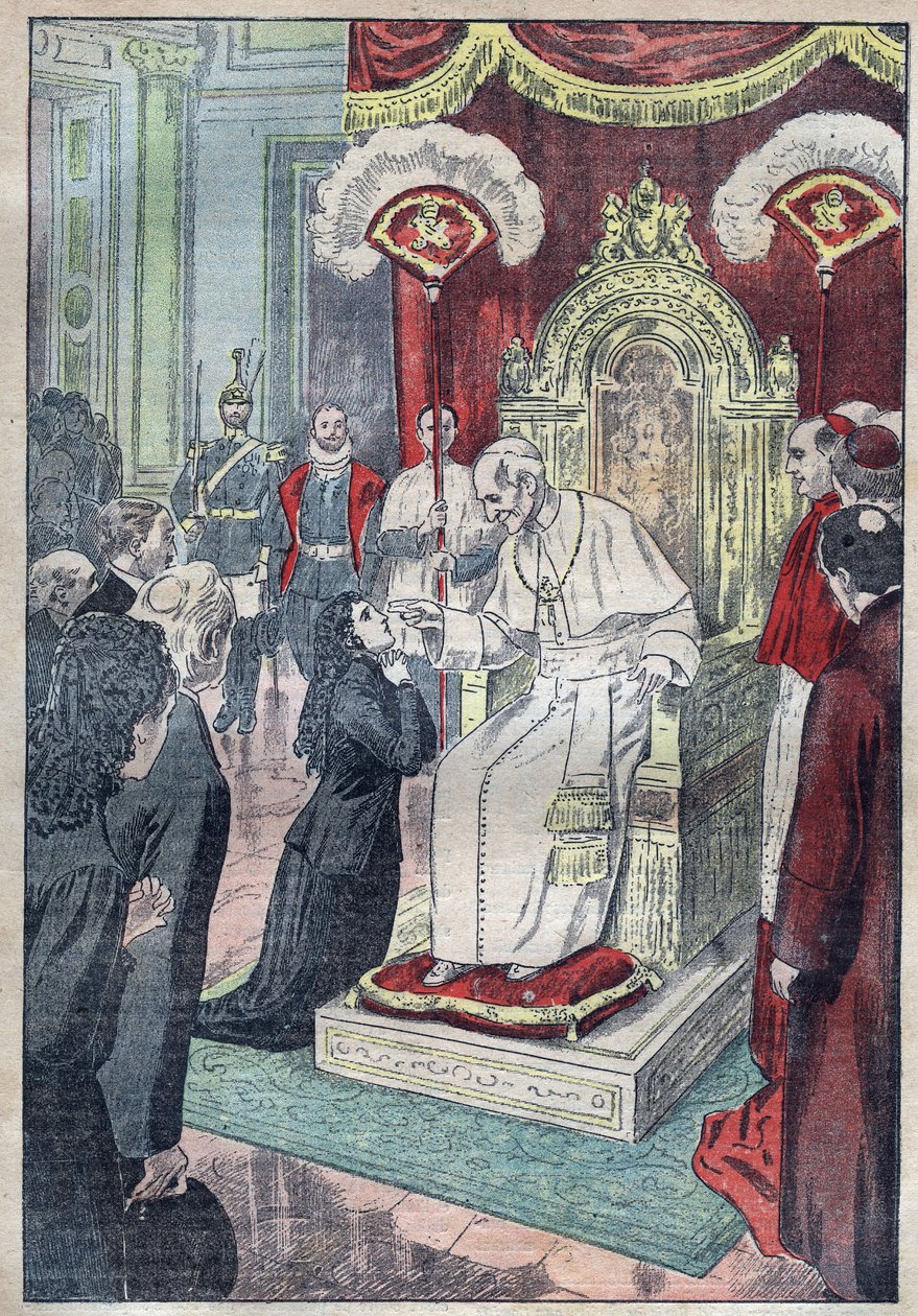 Święta Teresa od Dzieciątka Jezus (lub Lisieux 1873-1897) wciąż młoda dziewczyna u stóp papieża Leona XIII, w wieku piętnastu lat dostała się do Karmelu w 1888 r. - ilustracja Damblans z 1923 r. autorstwa Eugene Damblans