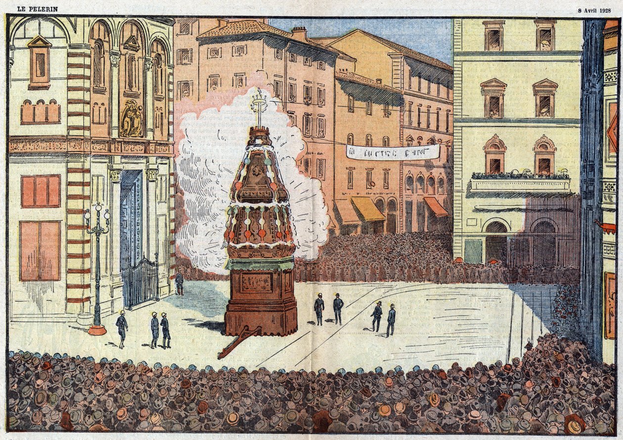 Scoppio del Carro (wybuch wozu) impreza ludowa we Florencji - ilustracja Damlans z kwietnia 1928 autorstwa Eugene Damblans