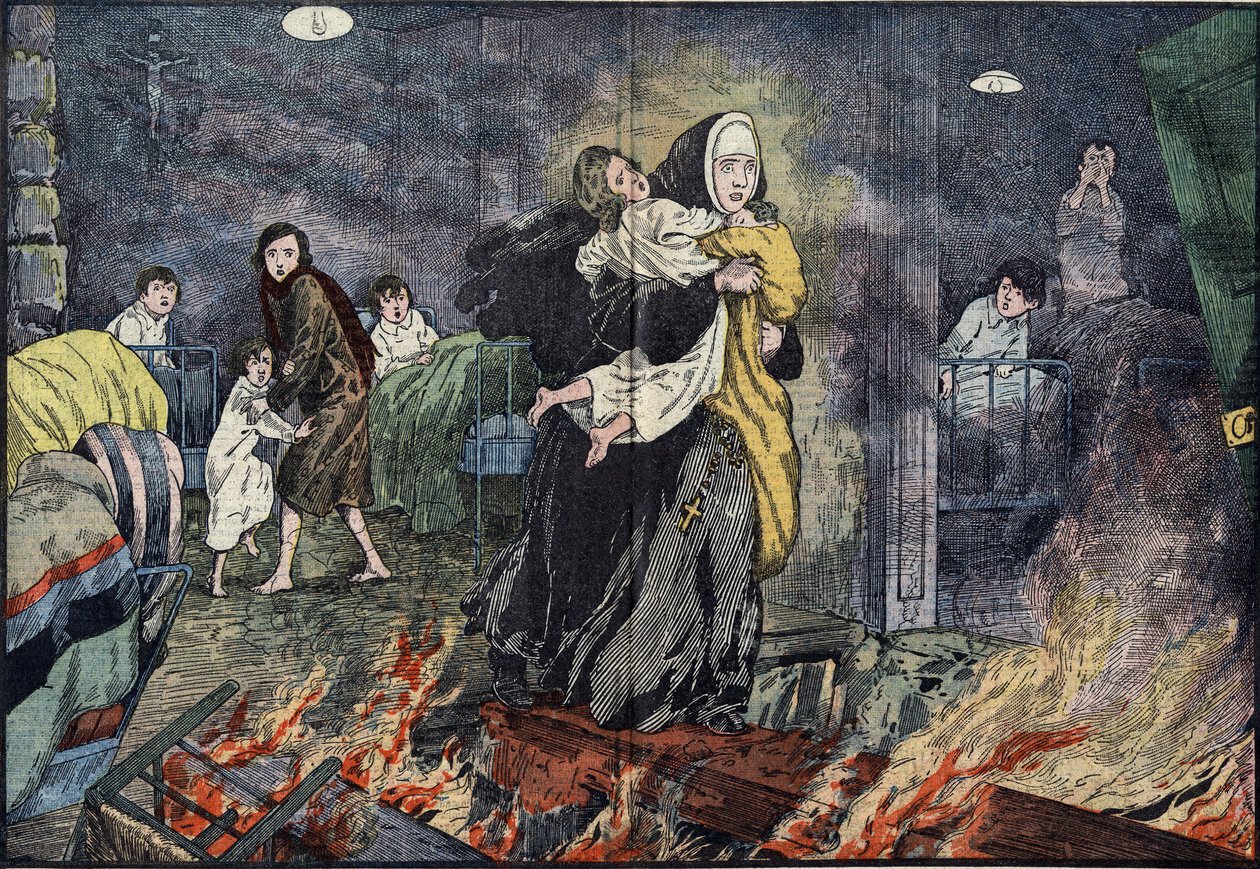 Siostra Marie Gabrielle (Marie-Gabrielle) ratująca dziecko podczas pożaru sierocińca Bernards Ville (Bernards-Ville) w Stanach Zjednoczonych. Przypowieść o Damblanach w „Pelerinie” z 27 listopada autorstwa Eugene Damblans