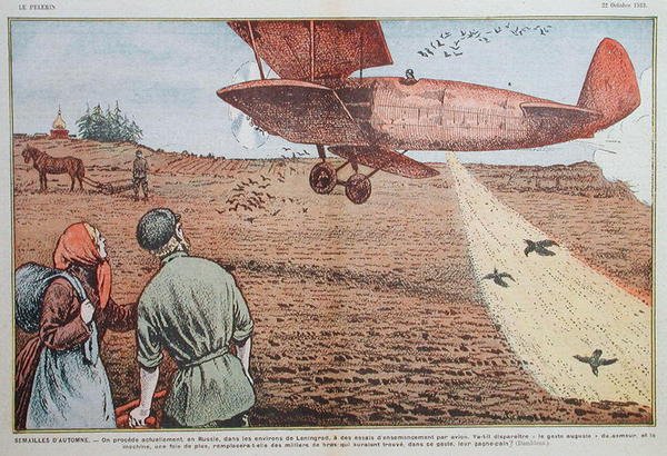 Wysiew nasion z samolotu w sowieckiej Rosji, ilustracja do magazynu „le Pelerin”, 22 października 1933 (kolor lito) autorstwa Eugene Damblans