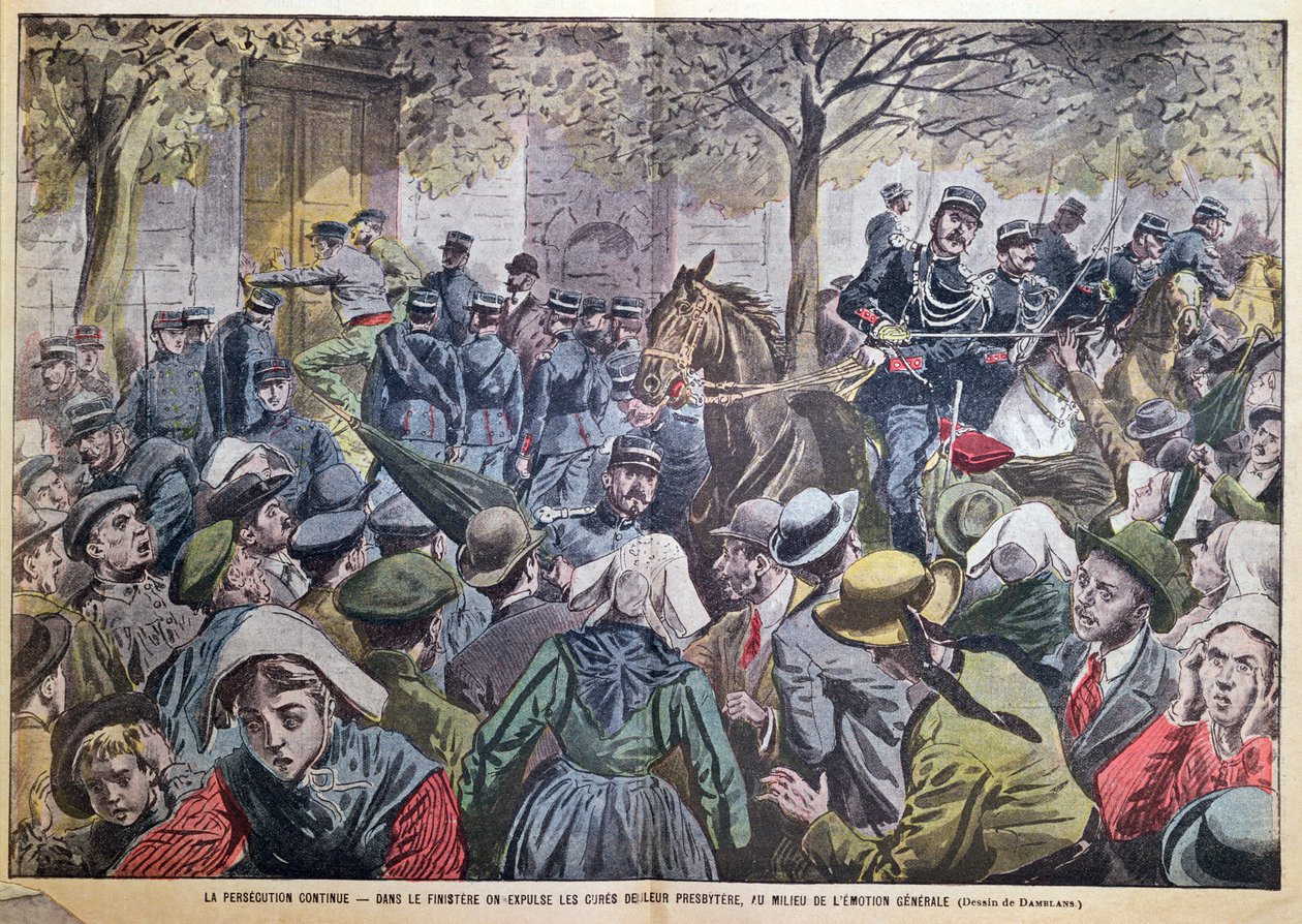 Wydalenie księży z ich prezbiteriów w Finistere w Bretanii, ilustracja z czasopisma "Le Pelerin", 27 października 1907 r. autorstwa Eugene Damblans
