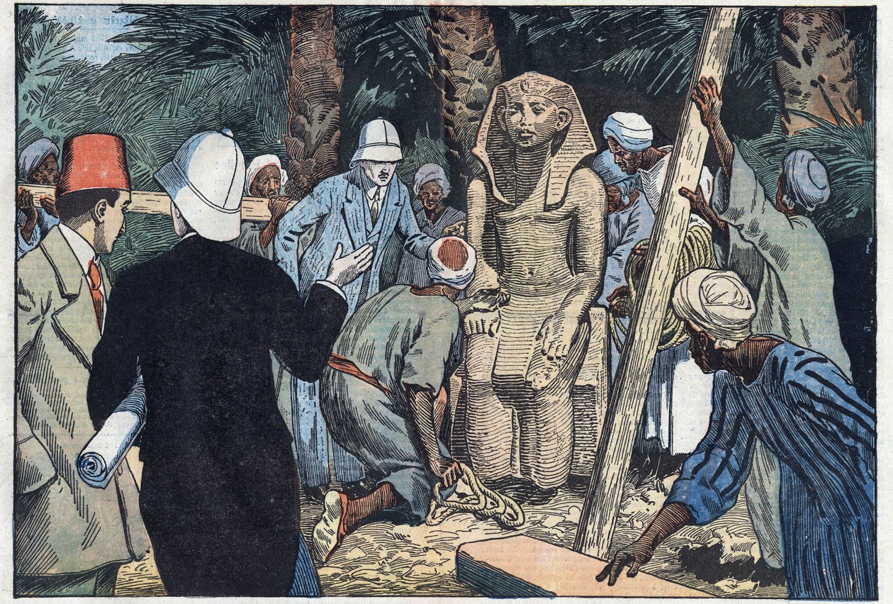 Francuska misja archeologiczna odkrywa pomnik nastolatka Sesostrisa III, który zostanie przywieziony do Luwru. Medamoud, starożytne Teby, Egipt. Ilustracja Damblans. W „Le Pelerin” z 22 listopada autorstwa Eugene Damblans