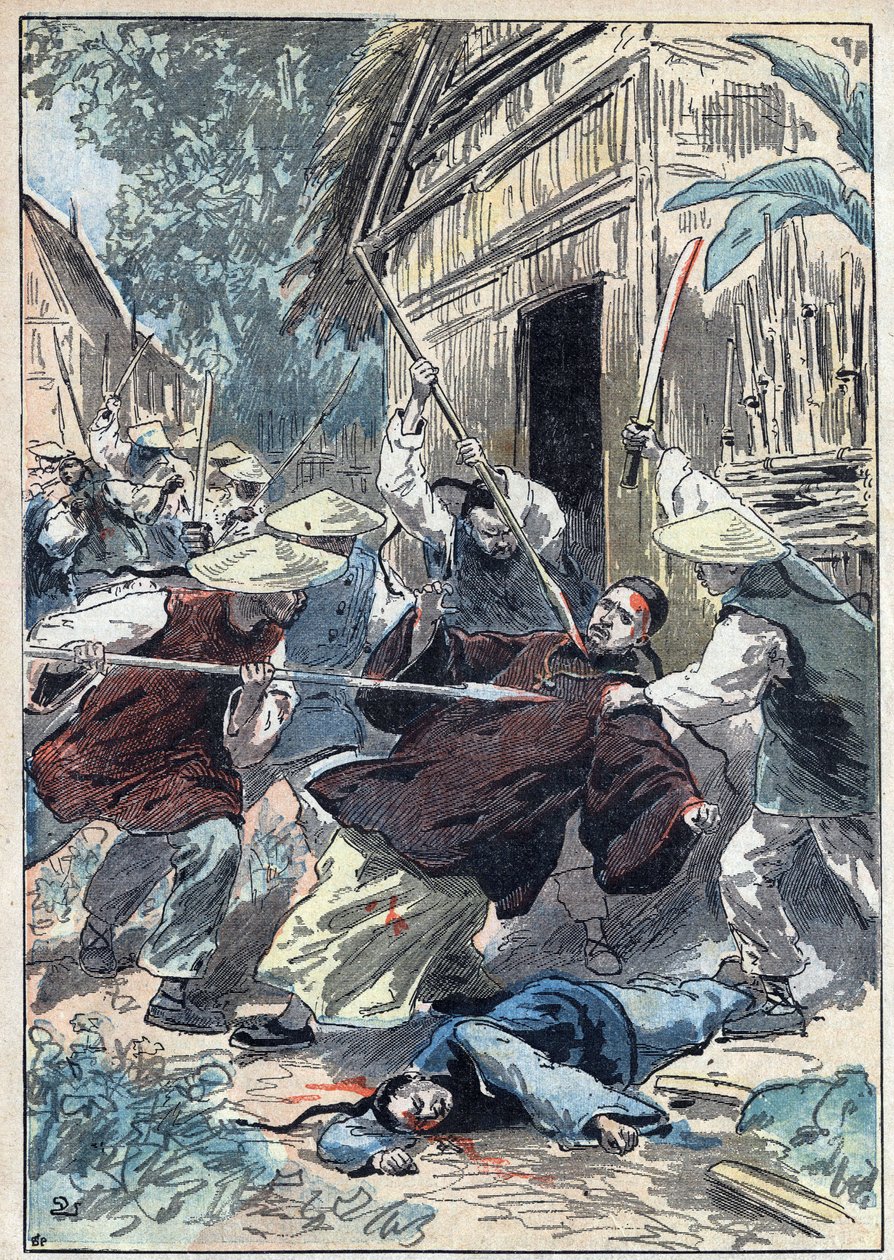 Francuski ksiądz Berthollet (1865-1898), kapłan misji zagranicznych, został zamordowany przez chińską gwardię narodową w pobliżu miasta Yun Ngan Cheou (Yun-Ngan-Cheou) w dniu 21 kwietnia 1898 roku. Ilustracja Damblans w „Le Pelerin” ” z 10 lipca autorstwa Eugene Damblans