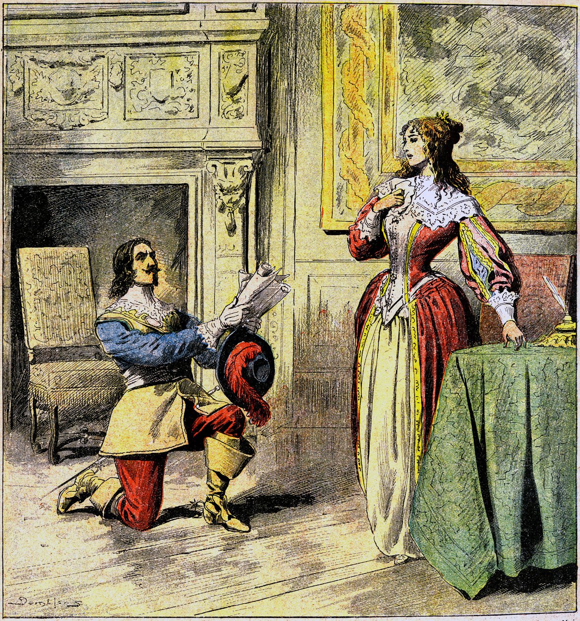Muszkieter Artagnana klęka u stóp królowej Anny austriackiej, by zwrócić jej listy – ilustracja Damblansa do powieści „Ving ans apres” Aleksandra Dumasa w „Journal of Illustrous Folk Romans” z początku XX wieku autorstwa Eugene Damblans