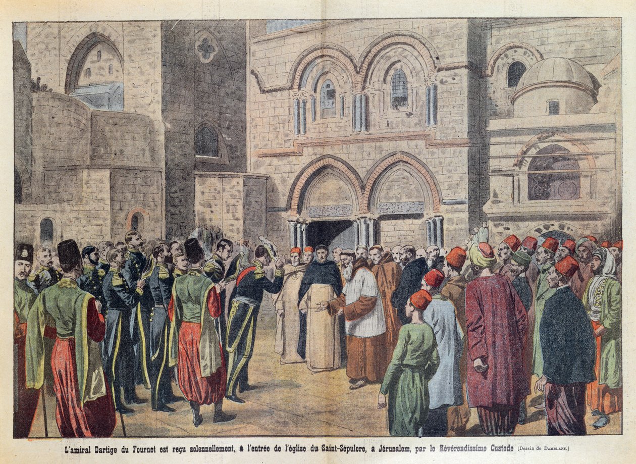Przyjęcie admirała Dartige du Fournet (1856-1940) w Bazylice Grobu Pańskiego w Jerozolimie, ilustracja z czasopisma "Le Pelerin" z 2 sierpnia 1911 r. autorstwa Eugene Damblans