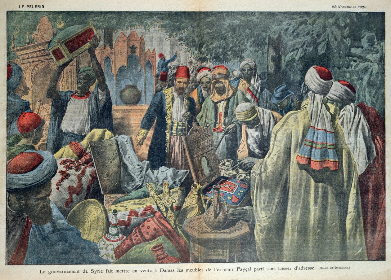 Sprzedaż przez rząd syryjski towarów emira Fajsala (1883-1923) w Damaszku, ilustracja z magazynu „Le Pelerin”, 20 listopada 1920 r. autorstwa Eugene Damblans