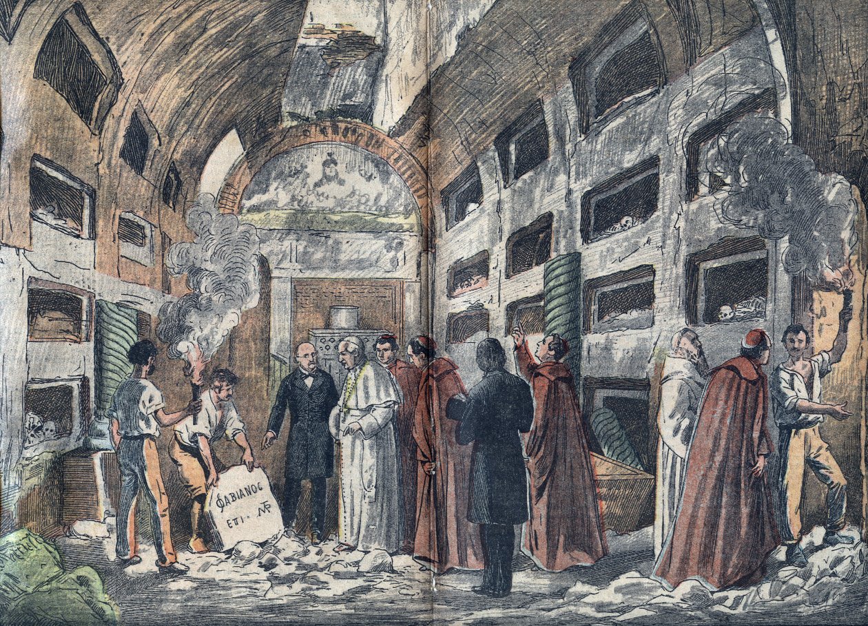 Archeolog Giovanni Battista de Rossi (1822-1894) każe papieżowi Piusowi IX odwiedzić kryptę papieży, których właśnie odkrył (1852) - Ilustracja Damblans w ""le-Plerin"" 1923 autorstwa Eugene Damblans